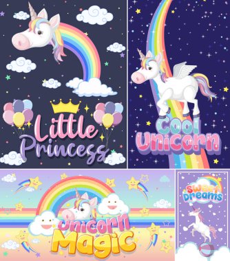 Pastel arkaplan renk illüstrasyonunda şirin tek boynuzlu at afişi