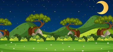 Horizon doğa manzarası ya da orman manzaralı kırsal alan ve gece illüstrasyonunda gökyüzünde ay.