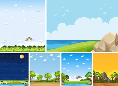 Gündüz ve gece illüstrasyonunda dikey ve ufuk sahnelerinde farklı doğa sahneleri.