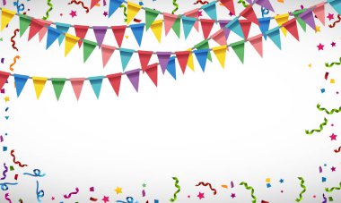 Renkli parti bayrakları ve konfeti resimleriyle boş bir arkaplan