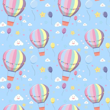 Bulutlu ve parlak mavi arkaplan resimli kusursuz sıcak hava balonu.