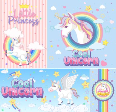 Pastel arkaplan renk illüstrasyonunda şirin tek boynuzlu at afişi