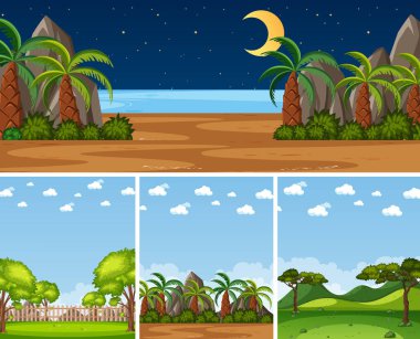 Farklı zamanlarda yeşil ağaçların olduğu dört farklı arkaplan.