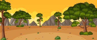 Horizon doğa manzarası ya da orman manzaralı kırsal alan ve sarı günbatımı gökyüzü görüntüsü