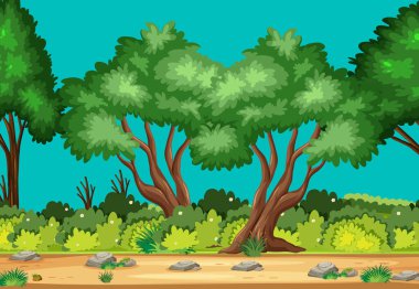 Orman illüstrasyonunda yeşil ağaçlı boş doğa sahneleri