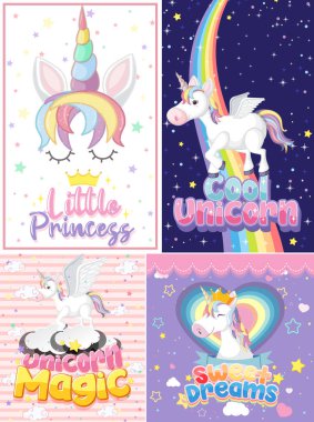 Pastel arkaplan renk illüstrasyonunda şirin tek boynuzlu at afişi