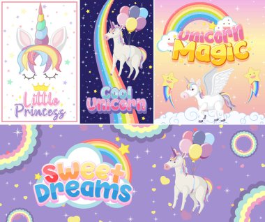 Pastel arkaplan renk illüstrasyonunda şirin tek boynuzlu at afişi