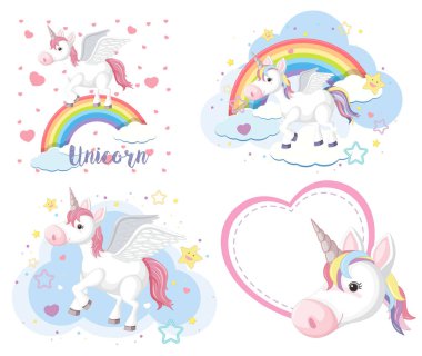 Pastel renkli şirin tek boynuzlu at ya da pegasus seti.