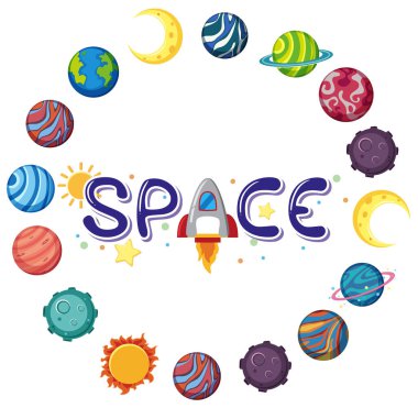 Çember şeklinde birçok gezegen içeren uzay logosu izole edilmiş çizimler