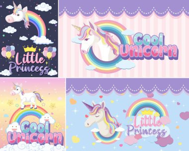 Pastel arkaplan renk illüstrasyonunda şirin tek boynuzlu at afişi