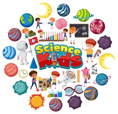 Science kids logo with many planets in circle shape  illustration clipart