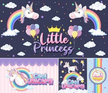 Pastel arkaplan renk illüstrasyonunda şirin tek boynuzlu at afişi