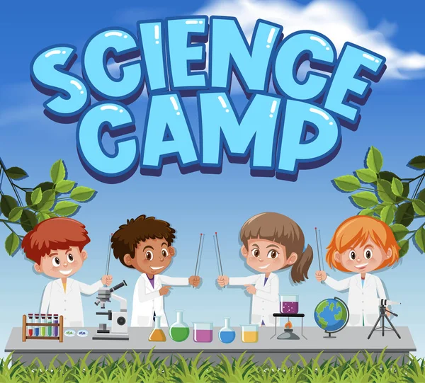 スカイバックグランドイラストに科学者の衣装を着た子供たちと科学キャンプのロゴ — ストックベクタ