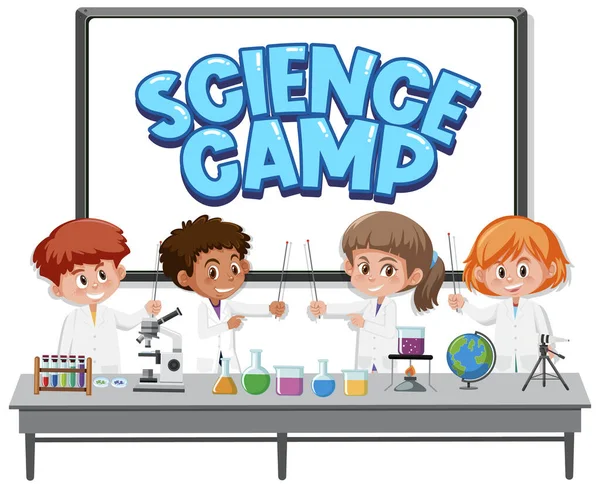 Logotipo Acampamento Ciência Com Crianças Vestindo Traje Cientista Ilustração Isolada —  Vetores de Stock