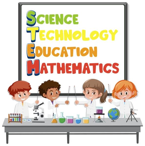 Stem Λογότυπο Εκπαίδευσης Παιδιά Φορώντας Κοστούμι Επιστήμονας Απομονωμένη Εικόνα — Διανυσματικό Αρχείο