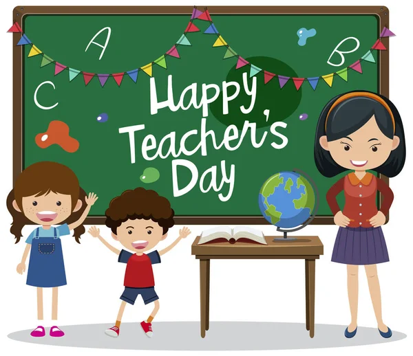 Happy Teacher Day Teks Papan Tulis Dengan Anak Anak Dan - Stok Vektor