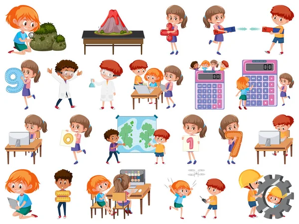 Conjunto Niños Con Objetos Educativos Ilustración Aislada — Vector de stock