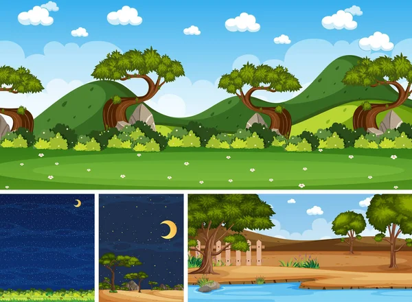 Четыре Сцены Природы Зелеными Деревьями Разное Время Иллюстрация — стоковый вектор
