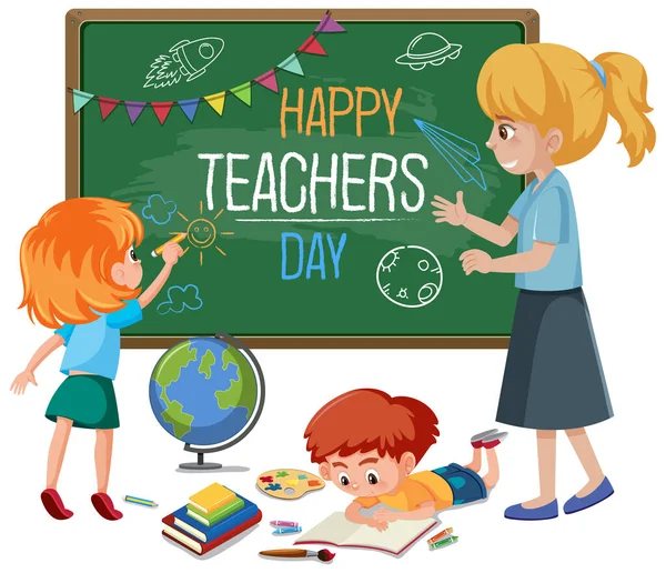 Happy Teacher Day Texto Quadro Negro Com Crianças Professores Ilustração — Vetor de Stock