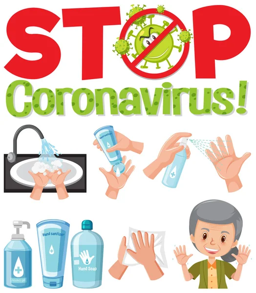 Stop Logo Coronavirus Dengan Tangan Menggunakan Ilustrasi Produk Produk Pembersih - Stok Vektor