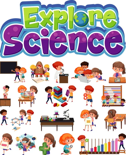 Explore science logo and set of children with education objects isolated illustration
