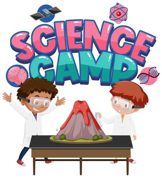 Logo Vědeckého Tábora Děti Ilustrací Experimentu Vulkánské Vědy — Stockový vektor