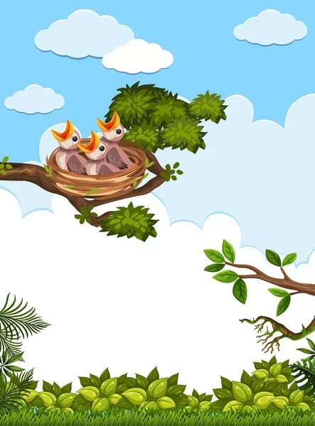 Poussins Mère Oiseau Dans Nature Illustration — Image vectorielle