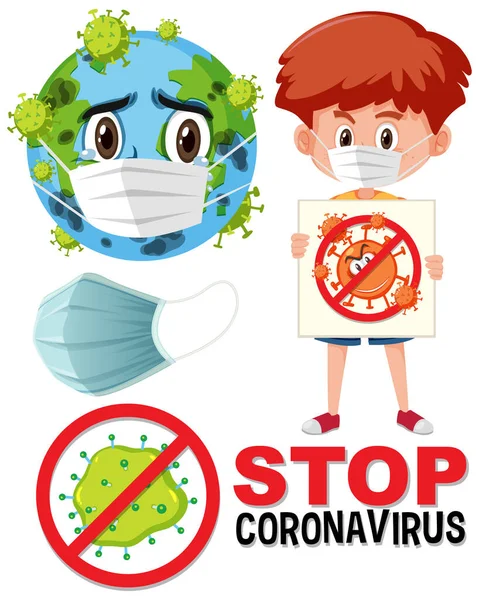 Stop Coronavirus Logó Föld Visel Maszk Rajzfilm Karakter Fiú Gazdaság — Stock Vector