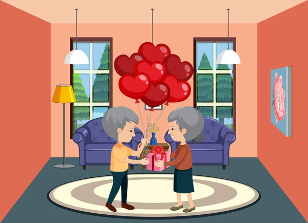 Scène Fond Avec Vieux Couple Ayant Des Ballons Illustration Cadeau — Image vectorielle