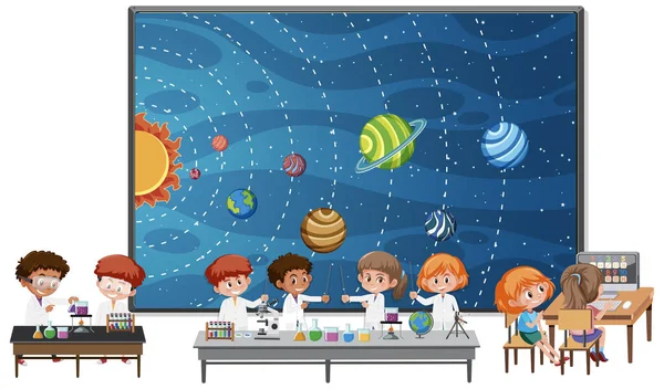 Solsystem Planeter Ombord Och Barn Bär Vetenskapsman Kostym Isolerad Illustration — Stock vektor