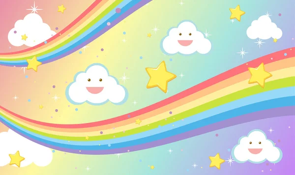 Arco Iris Con Nube Sonriente Blanco Arco Iris Pastel Fondo — Vector de stock