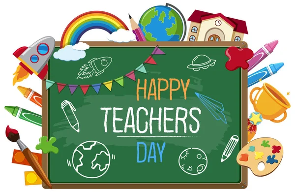 Happy Teacher Day Sign Dengan Set Elemen Stasioner Pada Ilustrasi - Stok Vektor