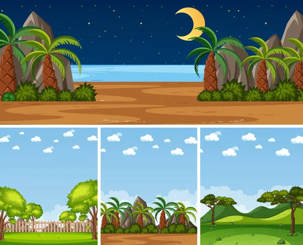 Farklı zamanlarda yeşil ağaçların olduğu dört farklı arkaplan.