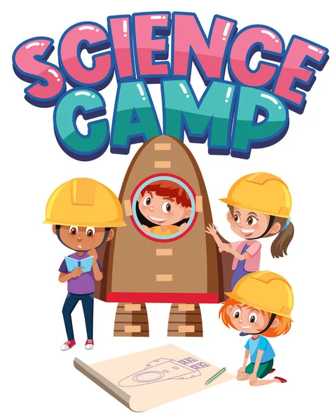 エンジニアの衣装を身に着けている子供たちと科学キャンプのロゴ孤立イラスト — ストックベクタ