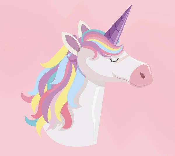 Unicorn Head Rainbow Mane Horn Isolated Pink Background Illustration — Stock Vector