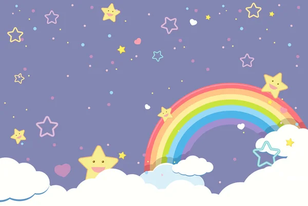 Cielo Viola Vuoto Con Arcobaleno Smiley Carino Stelle Illustrazione — Vettoriale Stock