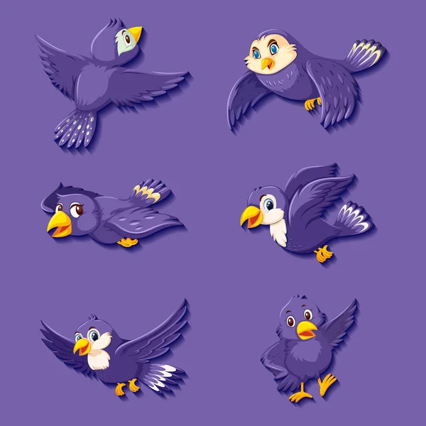 Симпатичная Иллюстрация Персонажей Мультфильмов Фиолетовых Птицах — стоковый вектор