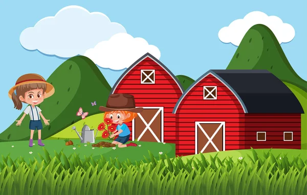 Escena Granja Con Niños Plantando Flores Granja Ilustración — Vector de stock