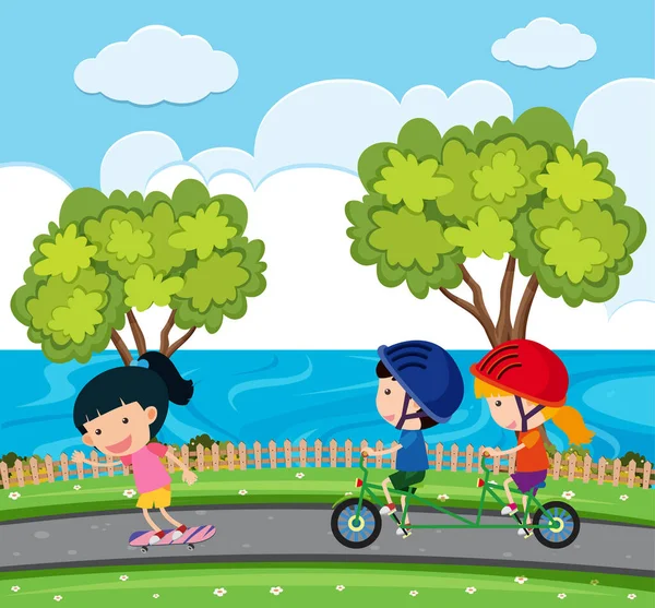 Сцена Детьми Велосипеде Парке Иллюстрация — стоковый вектор