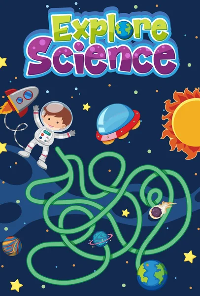 Maze Game Untuk Anak Anak Dengan Eksplorasi Logo Sains Dalam - Stok Vektor