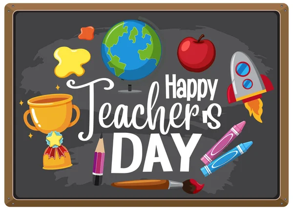 Happy Teacher Day Sign Dengan Set Elemen Stasioner Pada Ilustrasi - Stok Vektor