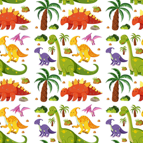 Seamless cute dinosaurs isolated on white background illustration