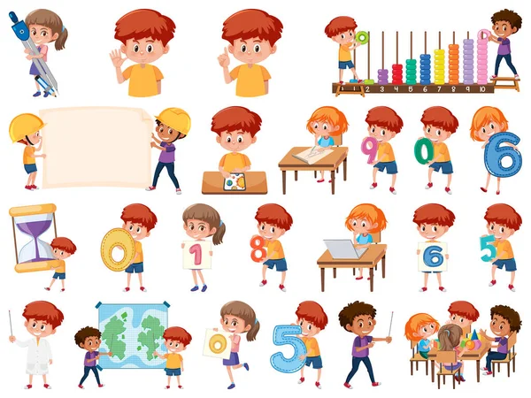 Conjunto Crianças Com Objetos Educativos Ilustração Isolada —  Vetores de Stock