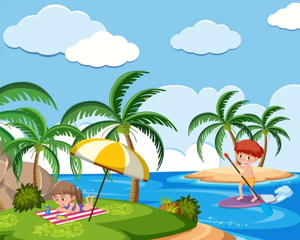 Achtergrond Scène Met Jongen Meisje Het Strand Illustratie — Stockvector