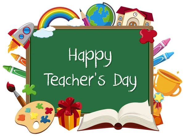 Happy Teacher Day Sign Dengan Set Elemen Stasioner Pada Ilustrasi - Stok Vektor