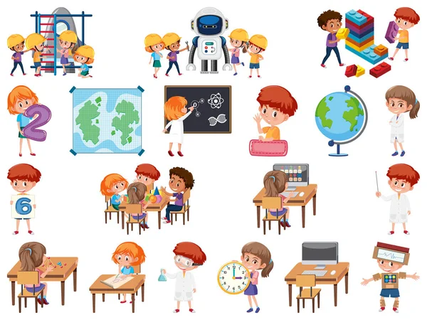 Conjunto Niños Con Objetos Educativos Ilustración Aislada — Vector de stock