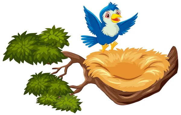 Szczęśliwy Niebieski Ptak Latający Pustego Gniazda Ilustracja — Wektor stockowy