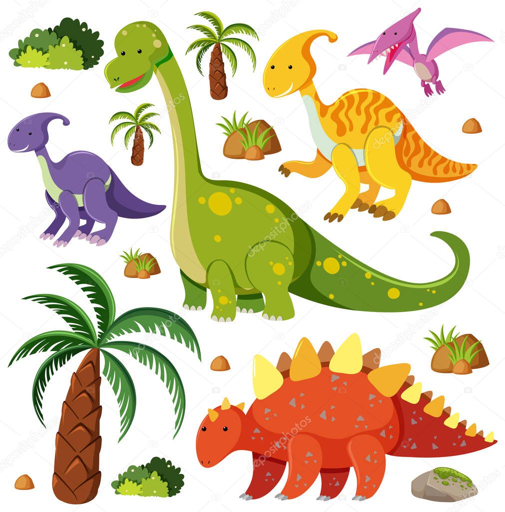 Set of cute dinosaurs isolated on white background illustration