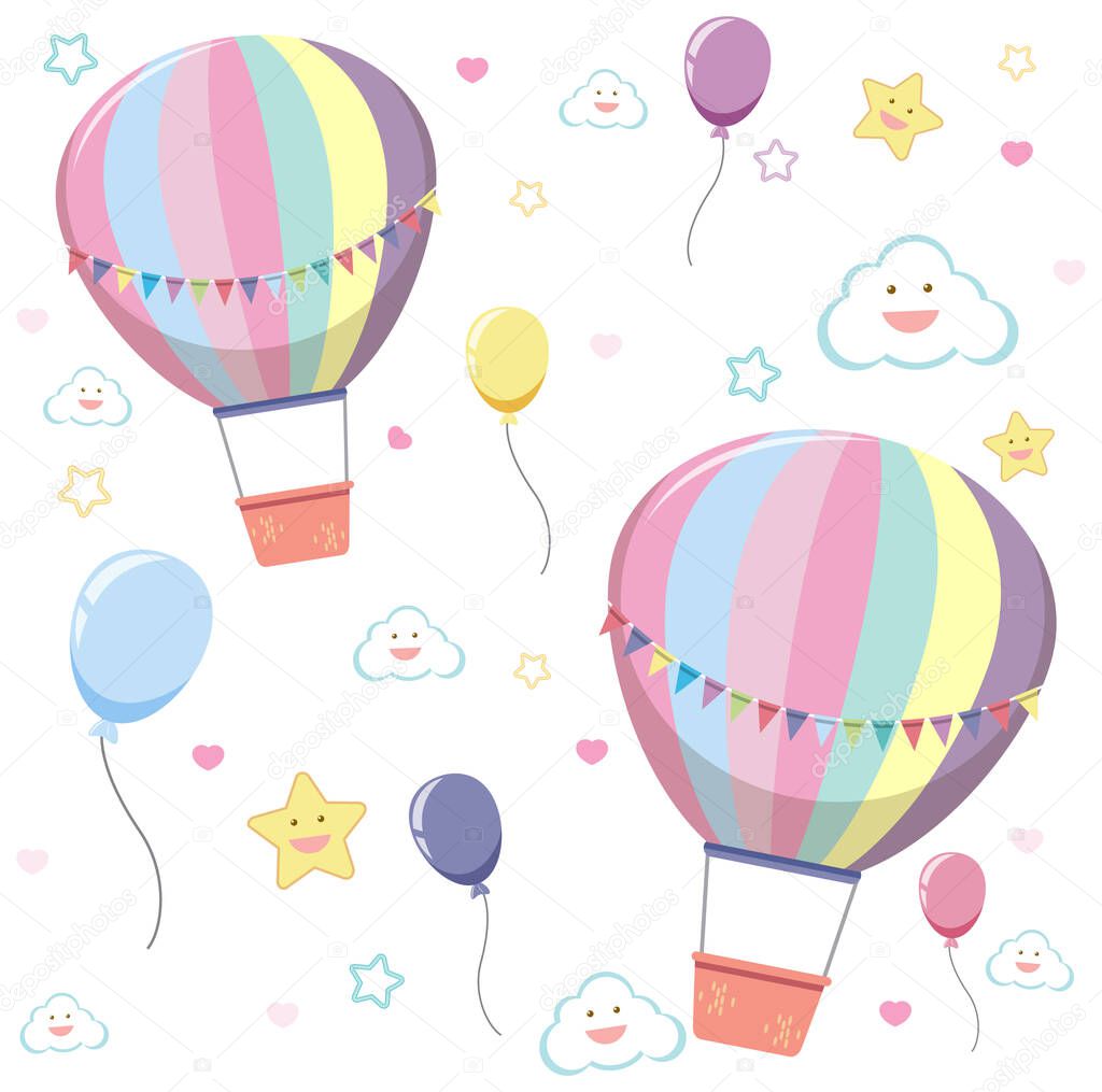 Seamless hot air balloon with cute cloud and star on white background illustration