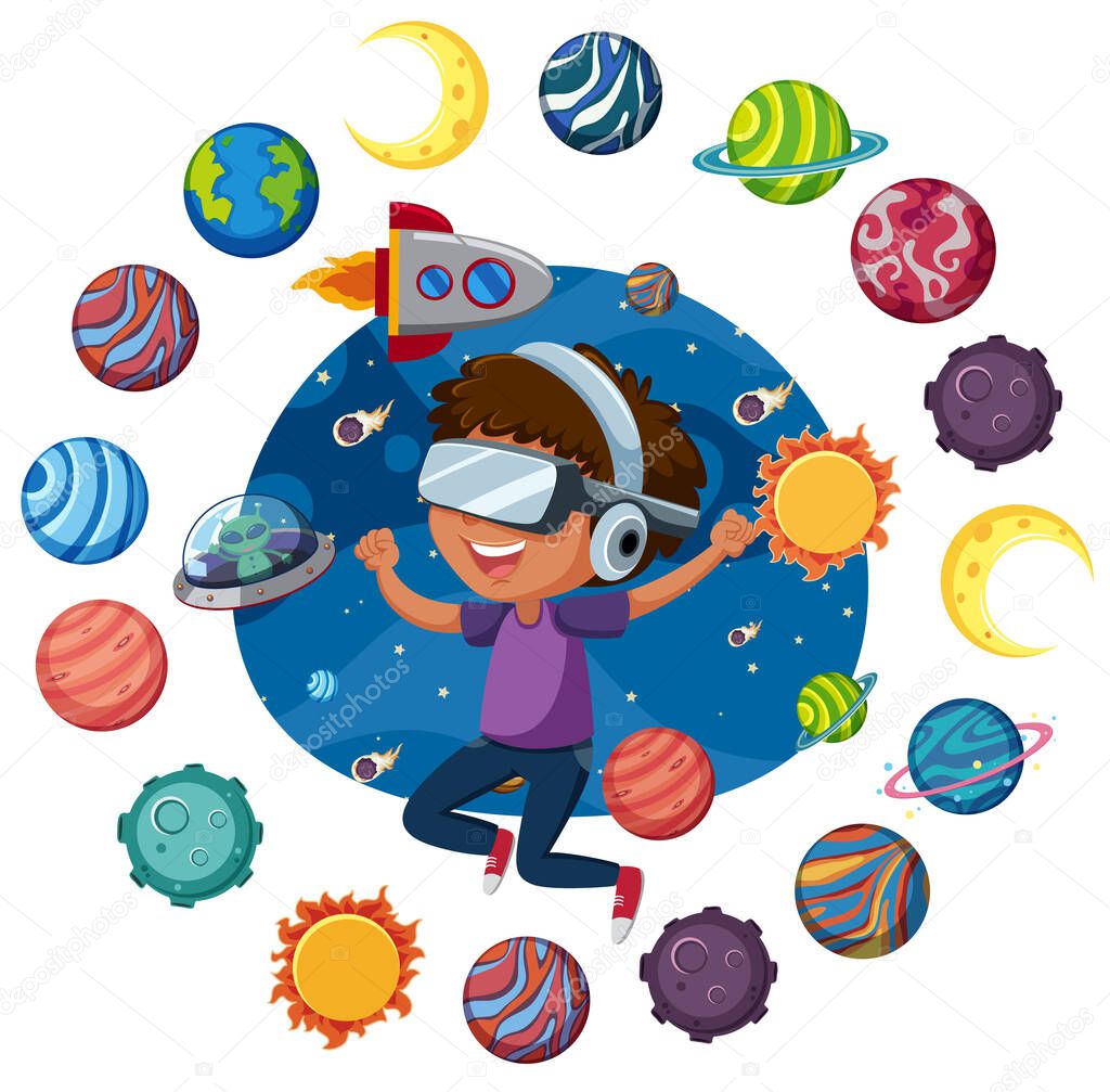 Space logo with kids wearing virtual reality headset and many planets in circle shape  illustration
